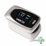 پالس اکسیمتر انگشتی آلارم‌دار برند وکتو مدل VEKTO، نمایشگر OLED با نور رنگی، نمایش درصد اکسیژن خون (SpO2) و تعداد ضربان قلب (PRbpm)، طراحی ارگونومیک، قابل‌حمل و مناسب استفاده خانگی و پزشکی.