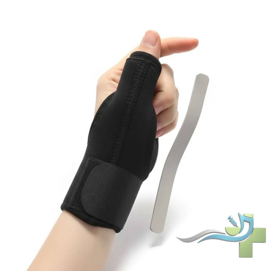 ارتوز شست نئوپرن طب و صنعت کد 33100 به رنگ مشکی که روی دست بسته شده و یک فرد در حال قرار دادن یا خارج کردن اسپلینت فلزی خمشده در مسیر شست است؛ مناسب ثابتسازی و حمایت مفصل شست. ارتوز شست نئوپرن طب و صنعت کد 33100 به رنگ مشکی که روی دست بسته شده و یک فرد در حال قرار دادن یا خارج کردن اسپلینت فلزی خمشده در مسیر شست است؛ مناسب ثابتسازی و حمایت مفصل شست.